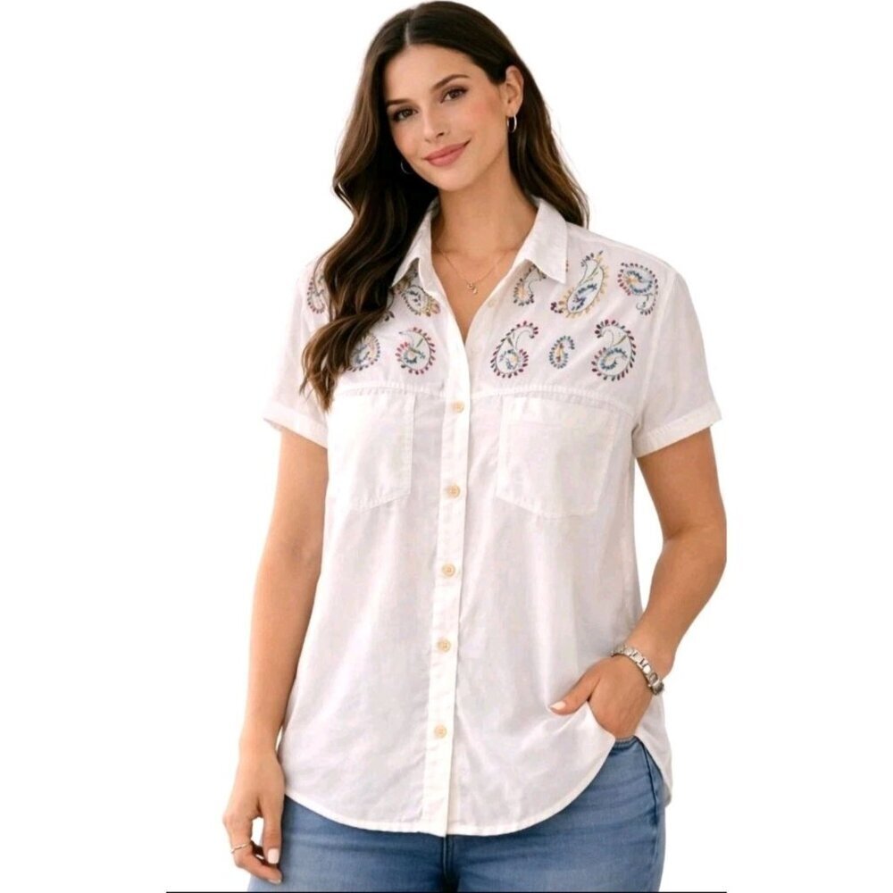 Womens Denim Paisley Embroidered Western Casual Rodeo Button Down Shirt Large